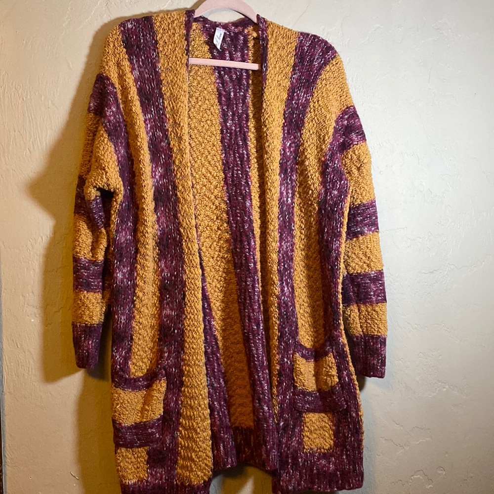Mustard and Maroon crocheted cardigan
